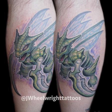 Jason Wheelwright - Scyther tattoo on calf